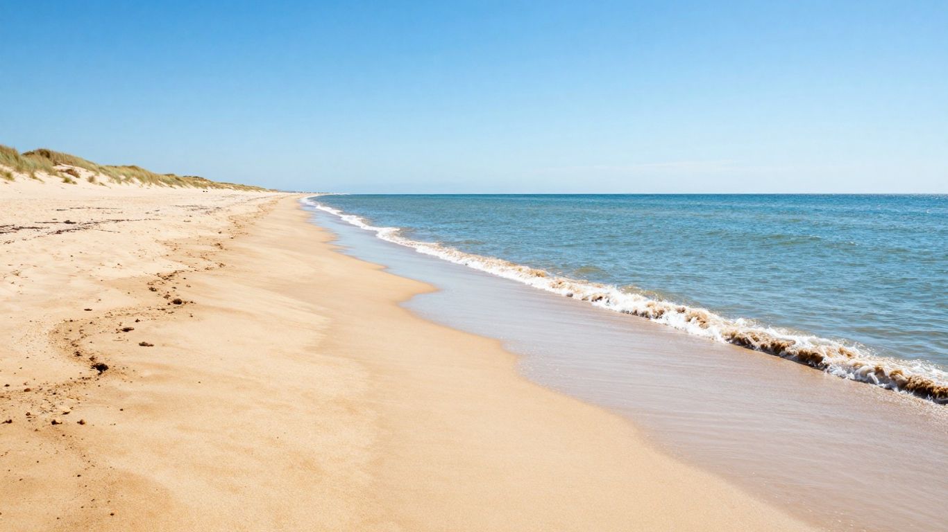 Zonovergoten strand aan de Zeeuwse kust met blauwe zee.