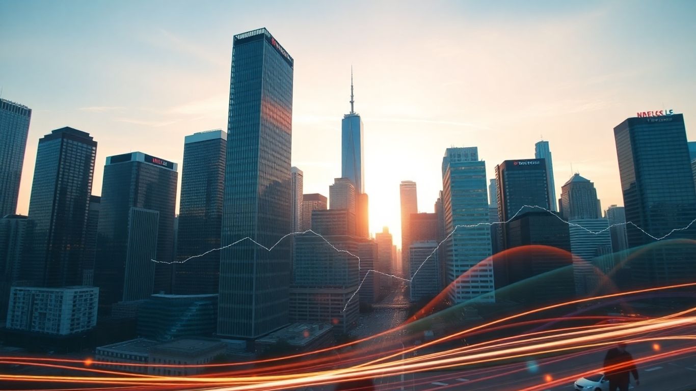Financial district cityscape with abstract market growth elements.