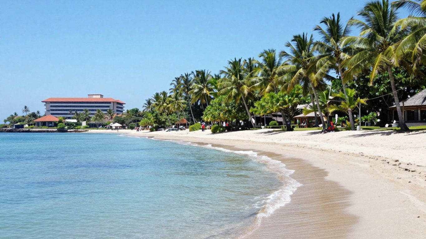 Bali beach with a distant hospital, medical support.