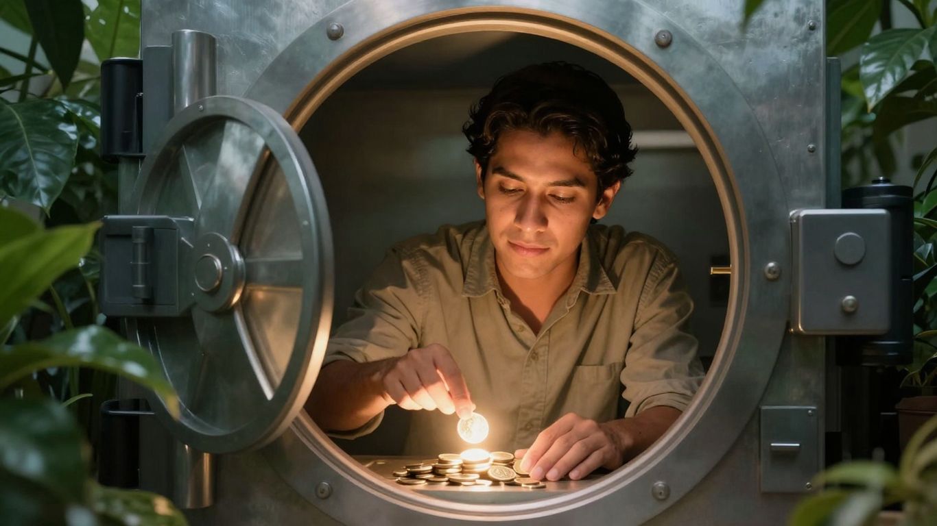 Person depositing a glowing coin into a bank vault.