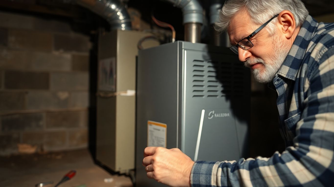Homeowner troubleshooting a furnace in a basement.