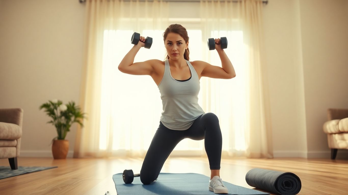 Woman doing a home workout with dumbbells and yoga mat.