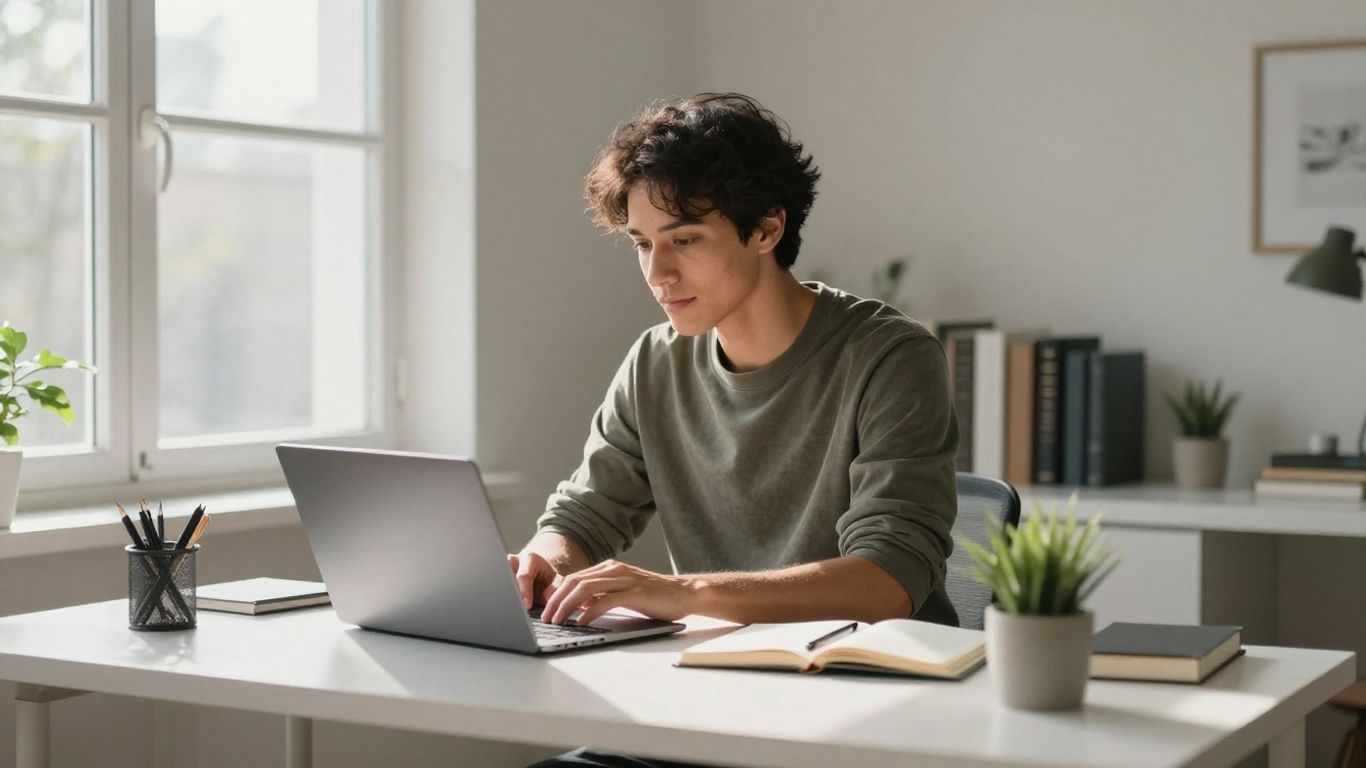 Birou de acasă luminos și organizat, cu lumină naturală.