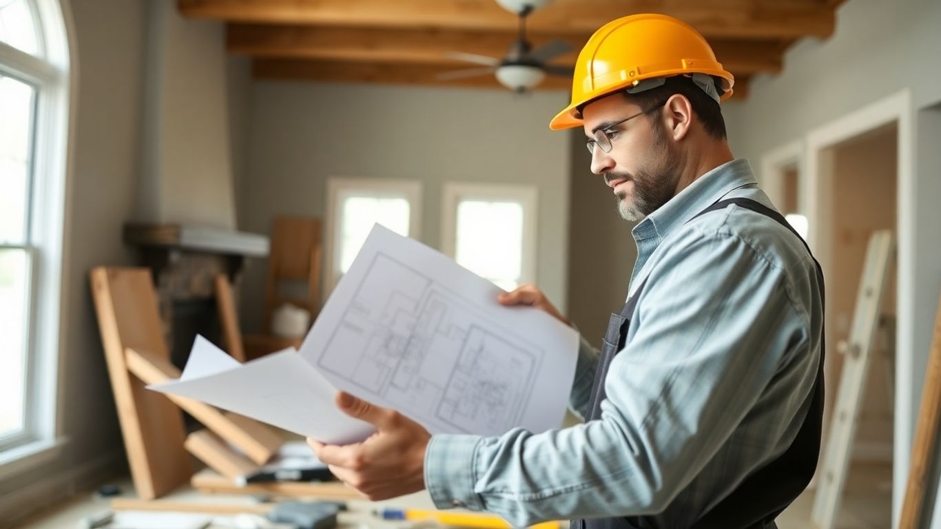 Contractor reviewing blueprints at a home renovation site.
