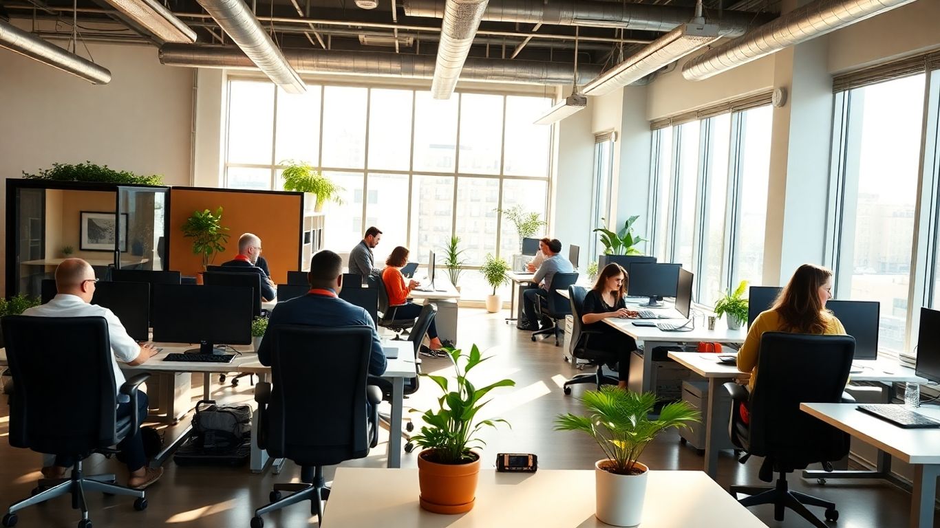 Moderne Büroumgebung mit flexiblen Arbeitsplätzen und Menschen.