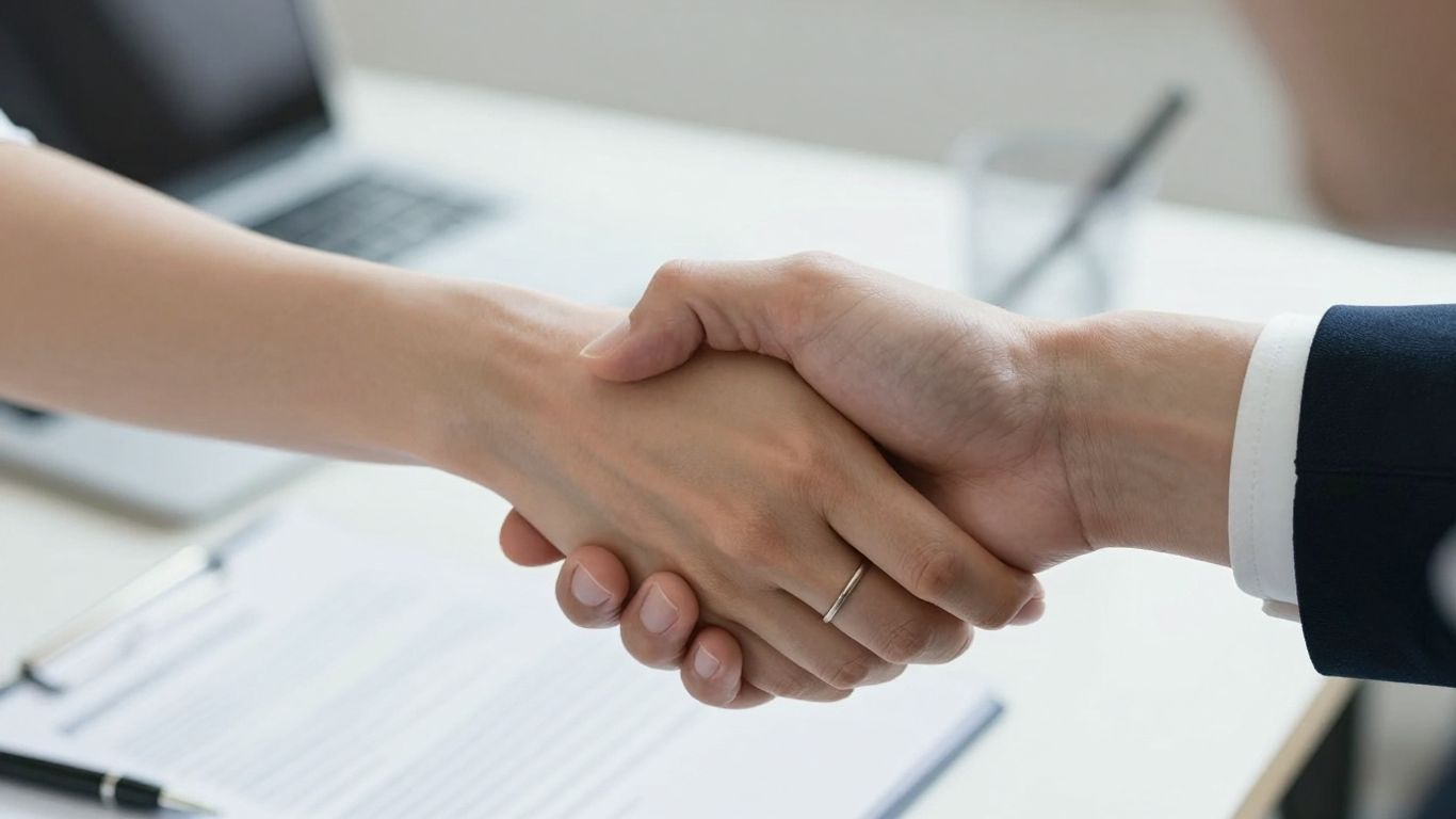 Business handshake over a table with documents.