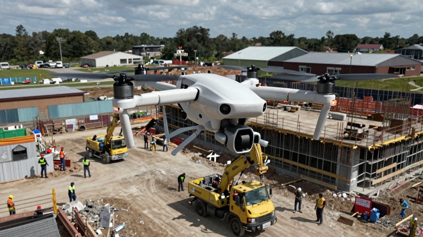 Drone surveying a construction site from above.