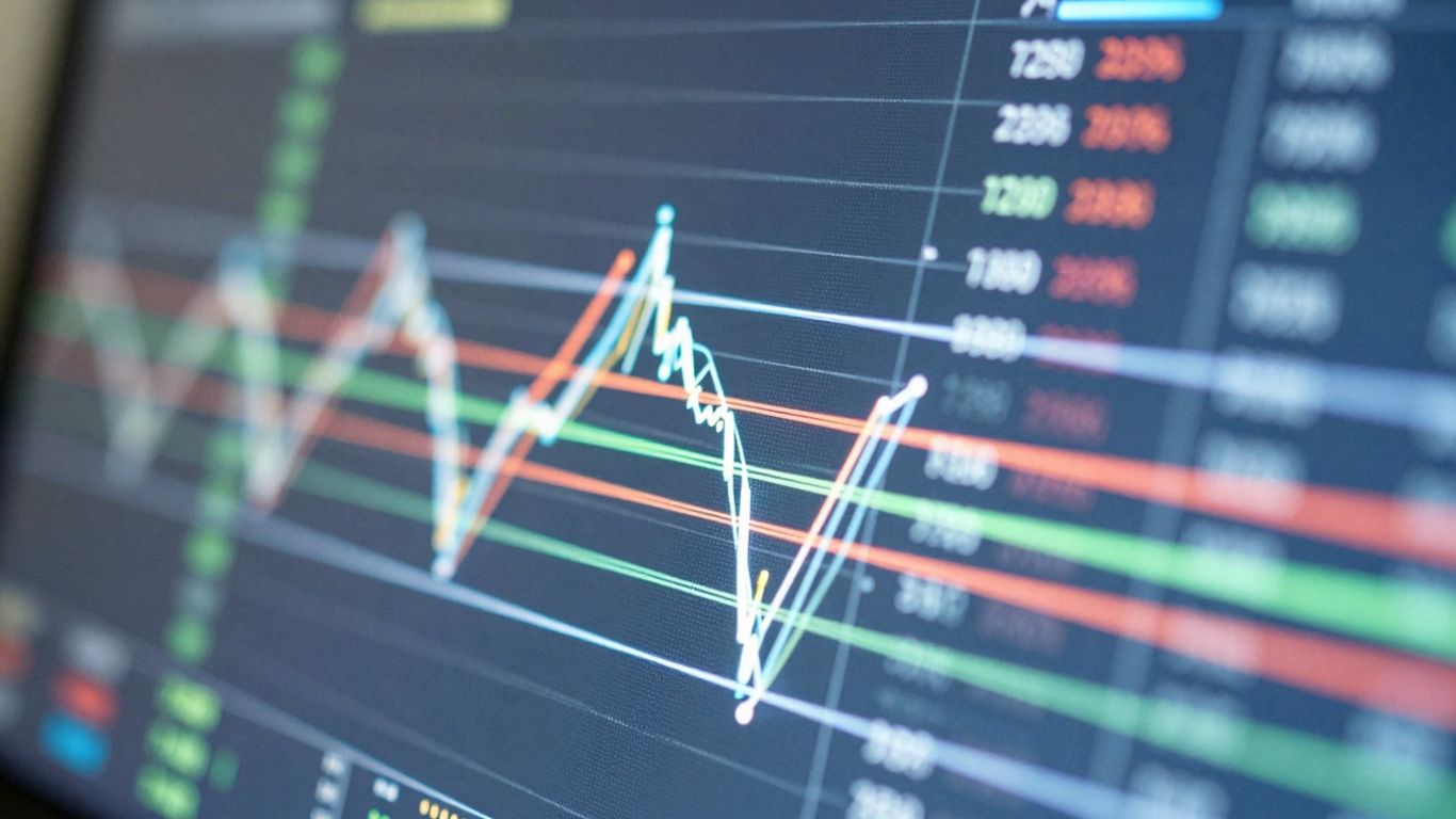 Digital dashboard with flowing data streams and light trails.