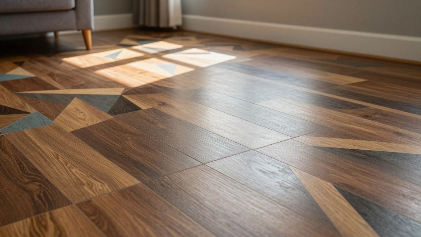 Geometric patterned vinyl flooring in a sunlit room.