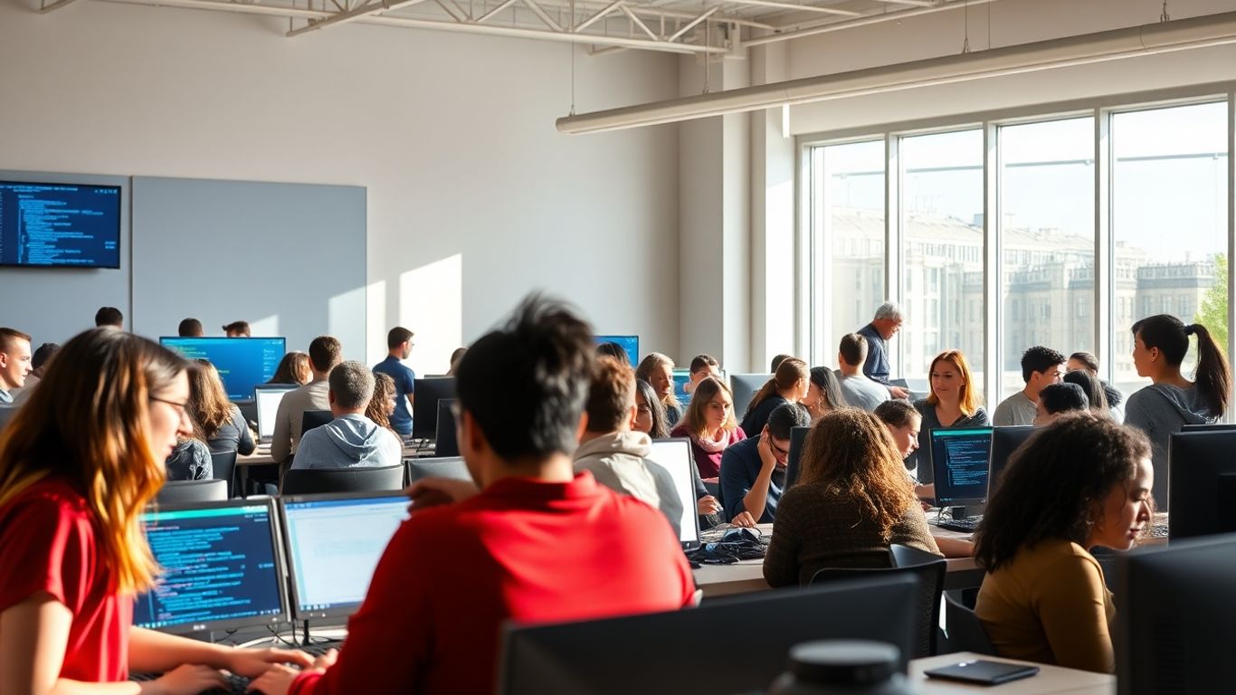 Pessoas aprendendo em laboratório de informática moderno.