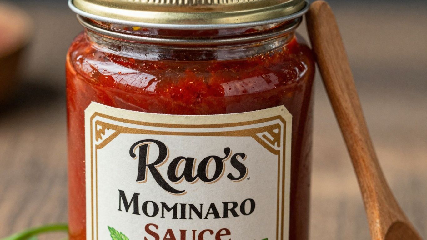 Jar of Rao's Homemade Marinara Sauce with a wooden spoon.