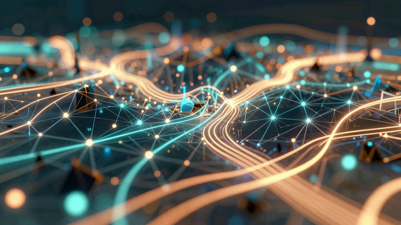 Abstract digital network with interconnected nodes and glowing pathways.