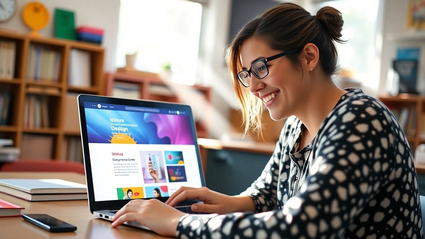 Teacher designing a website on a laptop.