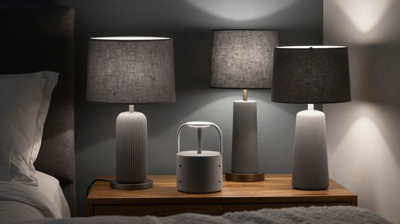 Stylish grey bedside lamps on a nightstand.