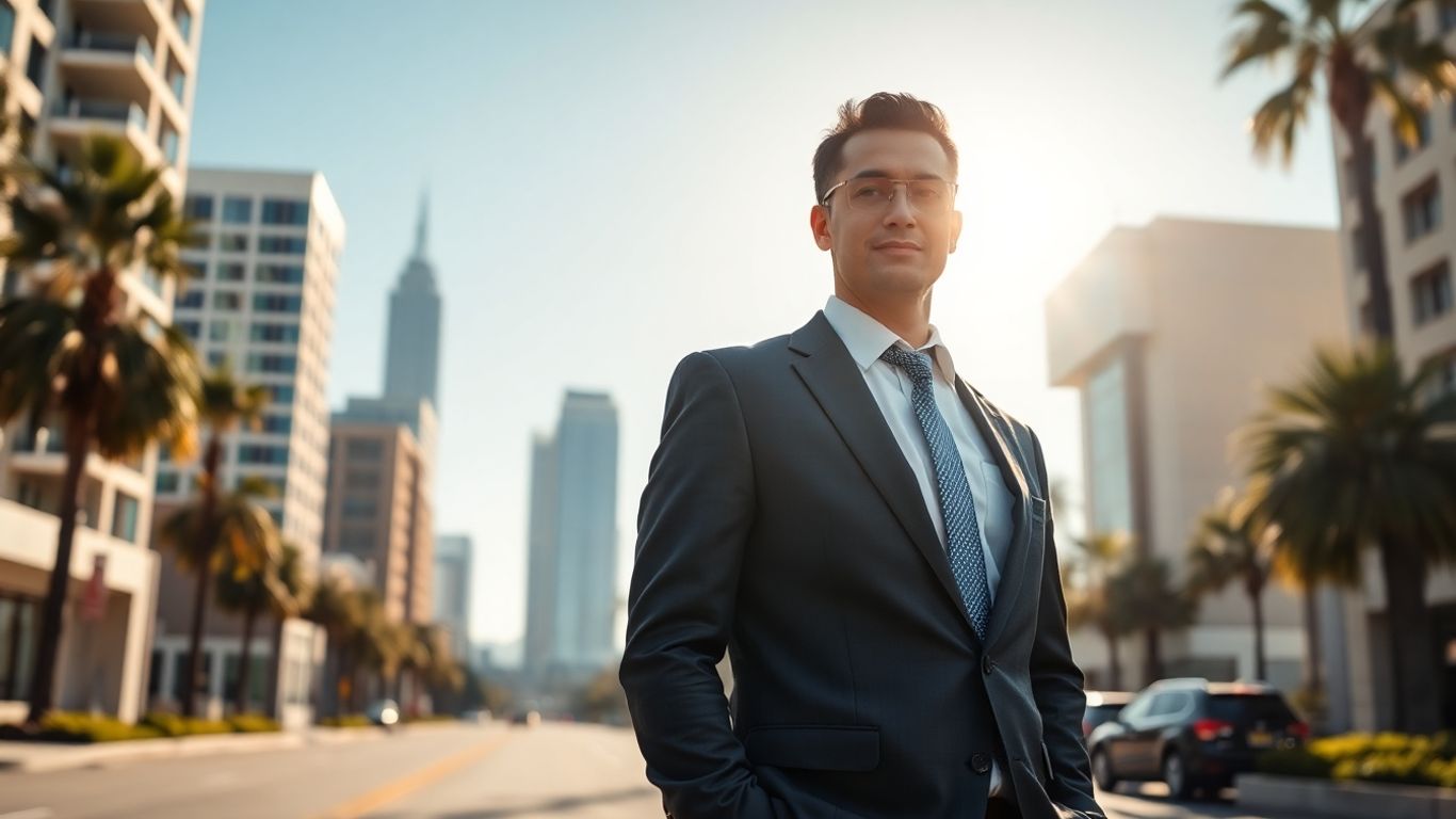 Investment banker in California overlooking city skyline.