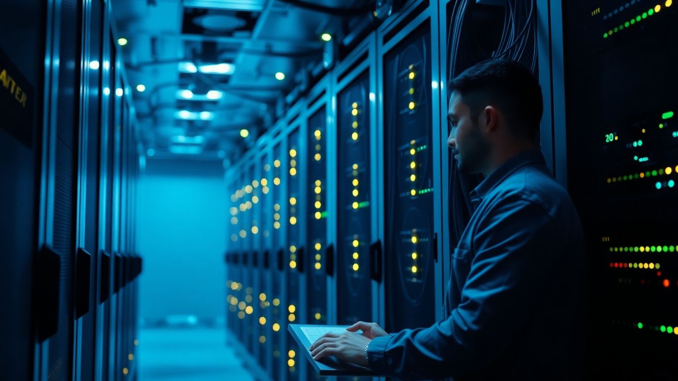 Servidores con luces parpadeantes y técnico trabajando.