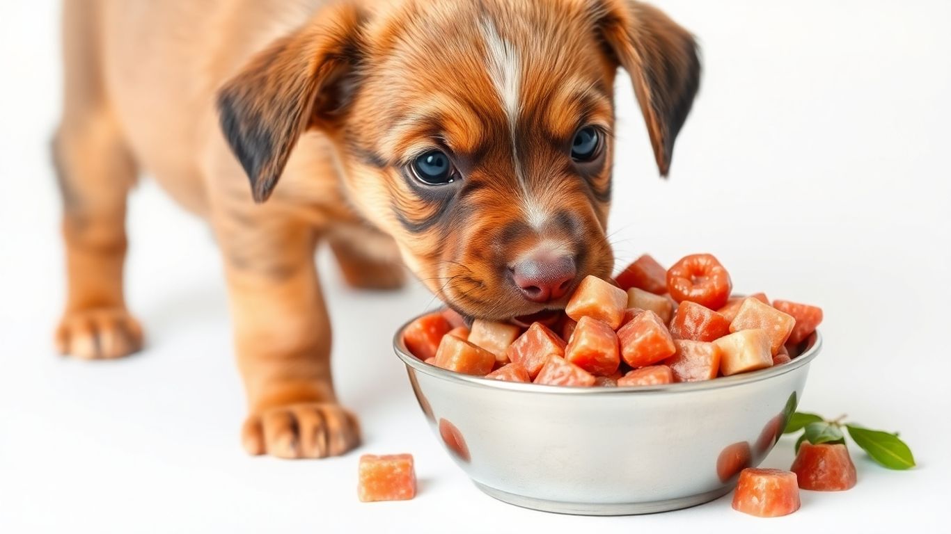 Puppy eating a healthy raw food diet.