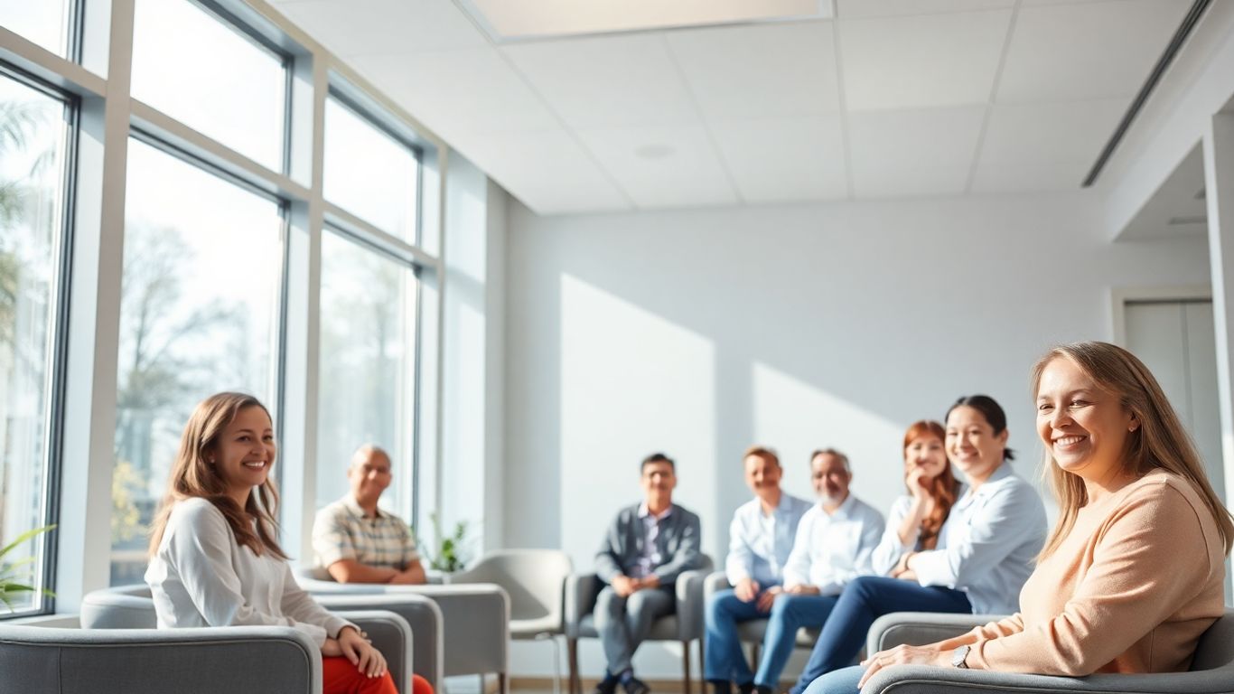 Clínica de emagrecimento médico com pacientes sorrindo.