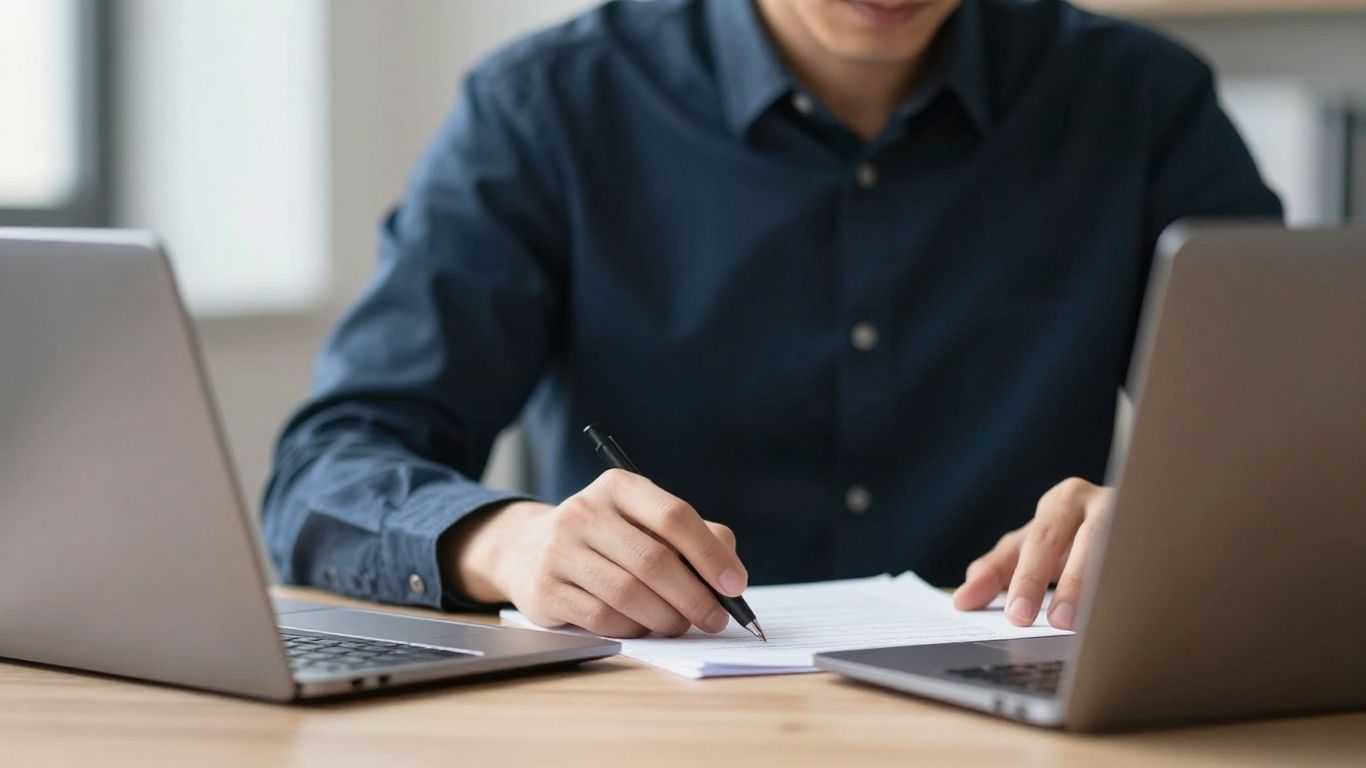 Sole proprietor working at a desk with laptop and papers.