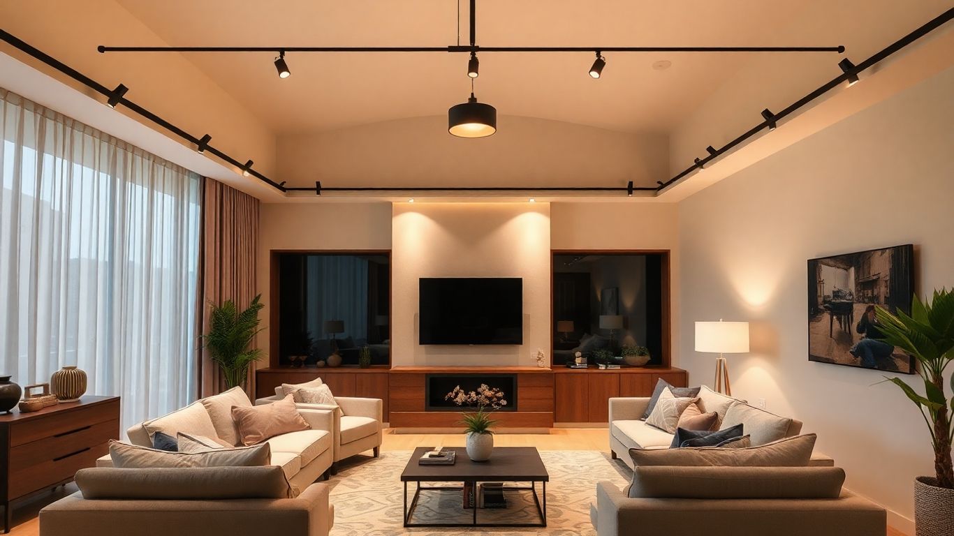 Living room track lighting illuminating a stylish, modern space.