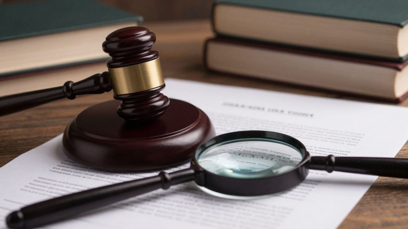 Gavel on books with magnifying glass over document.