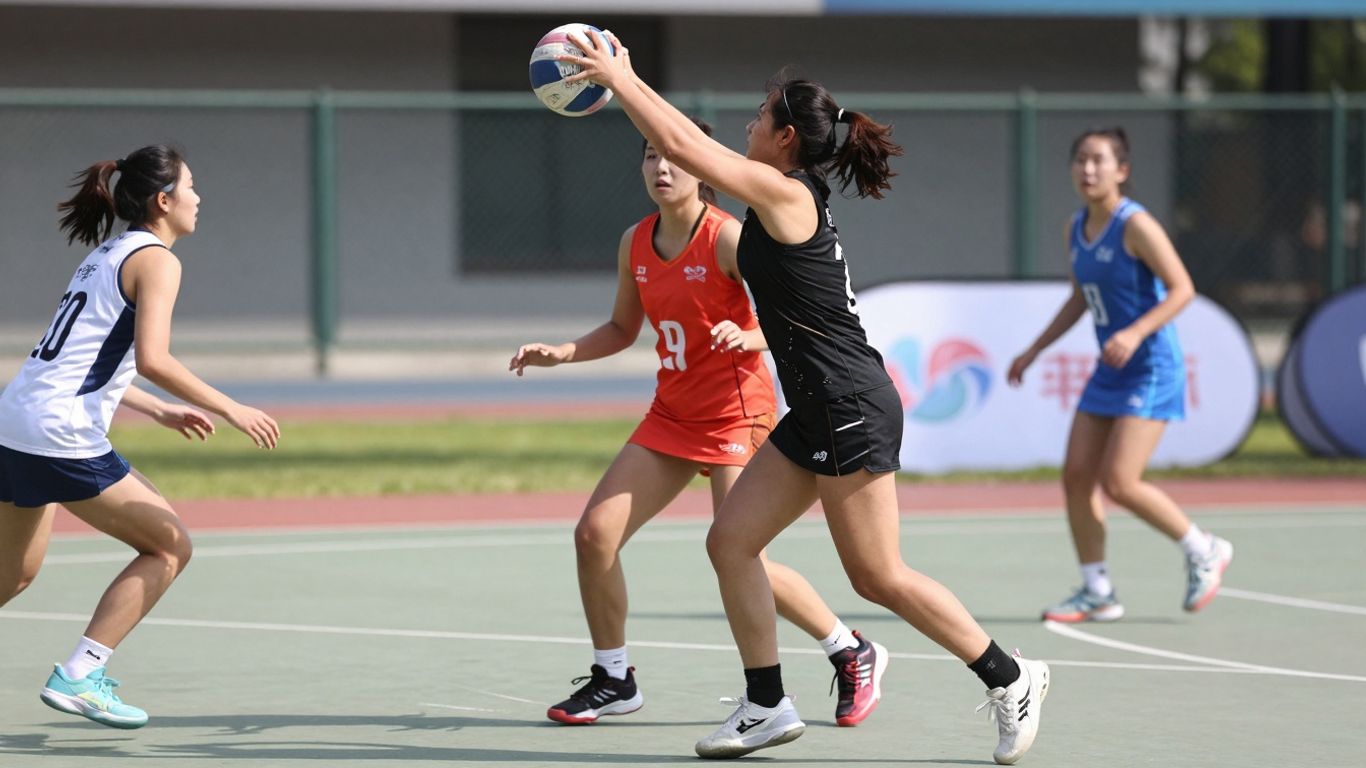 Netball players in action on a court.