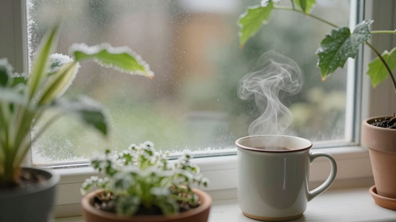 Winterliche Gartenszene mit Pflanzen und Frost