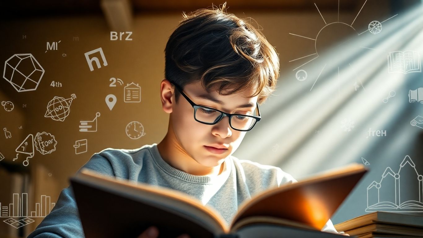 Student reading a book, learning and comprehension