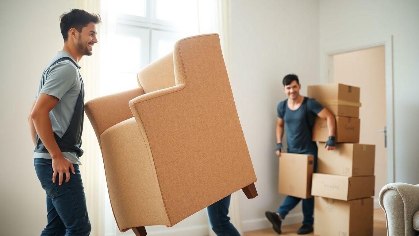 Junk removal workers carrying old furniture and boxes.