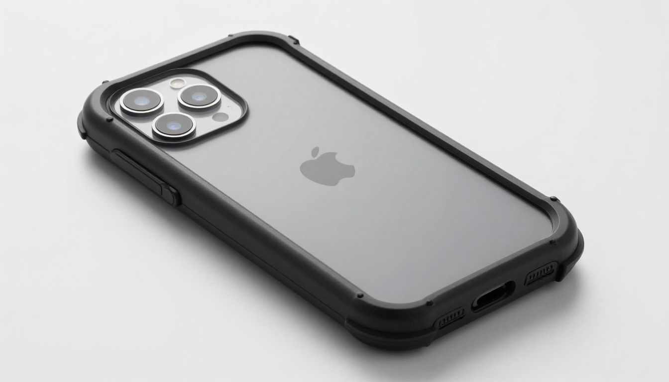 A realistic photo of a generic smartphone in a protective rugged case, displayed on a clean surface with no visible brand logos