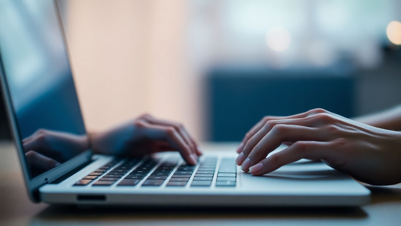 มือพิมพ์บนคีย์บอร์ดแล็ปท็อป สร้างสรรค์เนื้อหาดิจิทัล