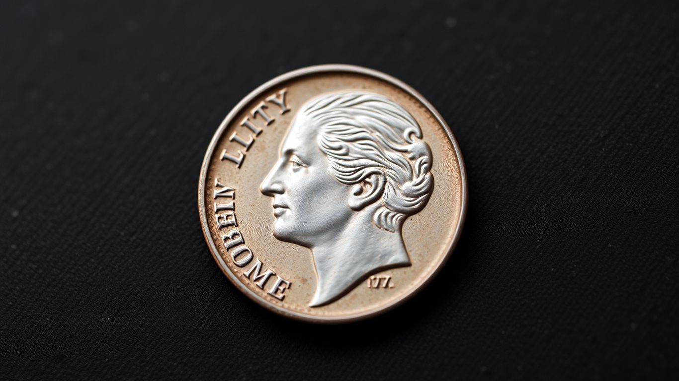 Close-up of a vintage Barber dime.