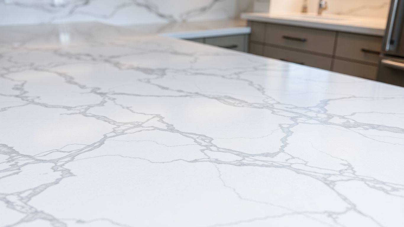 Polished marble kitchen countertop with grey veining