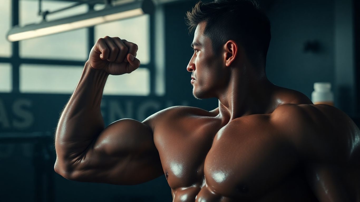 Bodybuilder flexing muscles in gym lighting