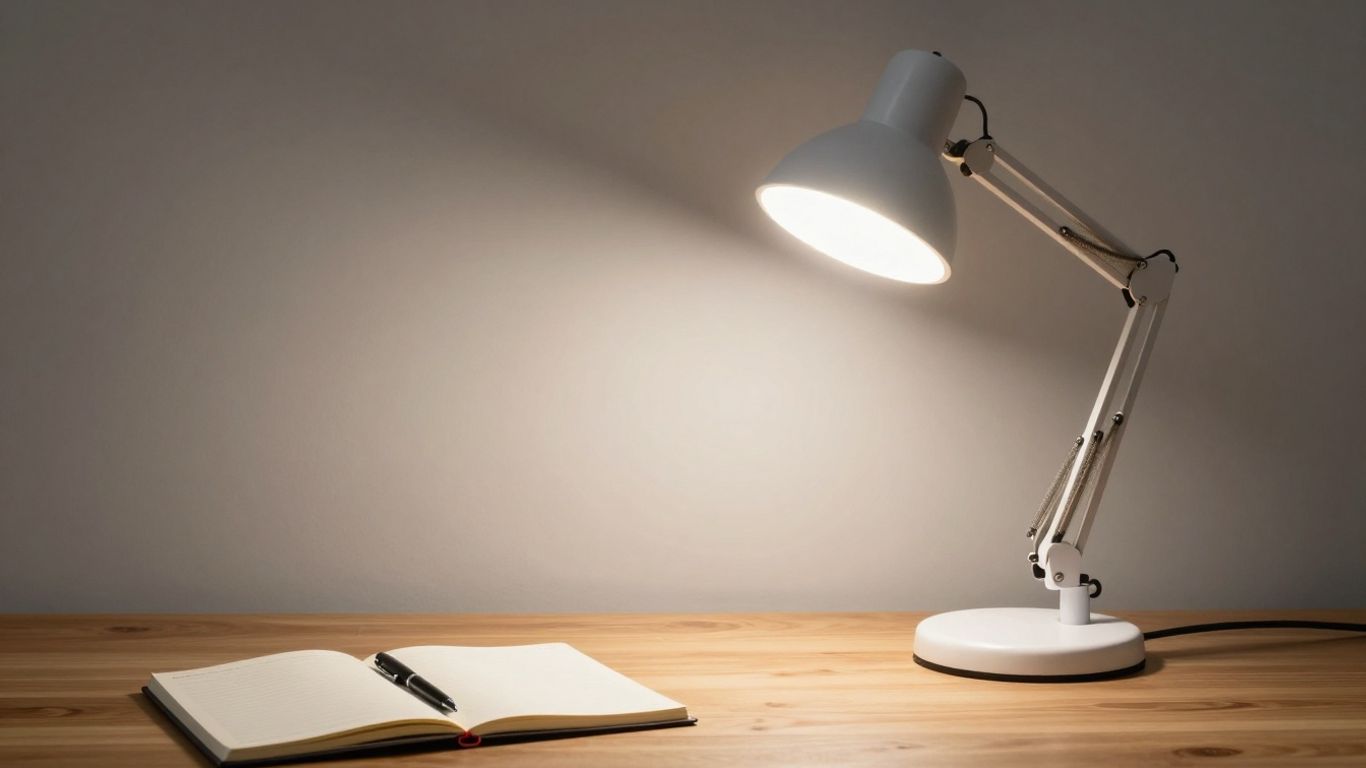 Modern LED desk lamp illuminating a workspace.