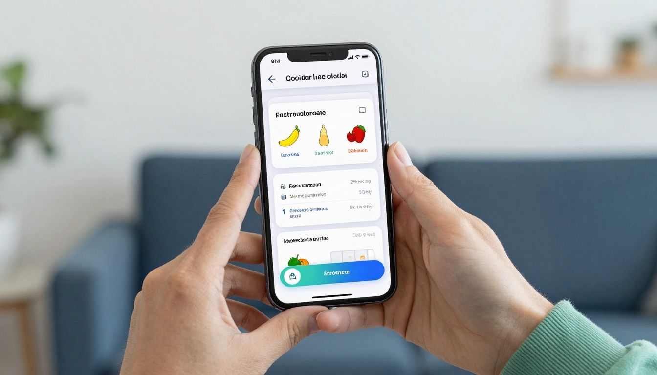 Capa ilustrativa sobre aplicativo contador de calorias baseado em uma mão segurando um smartphone com interface de rastreamento alimentar moderna