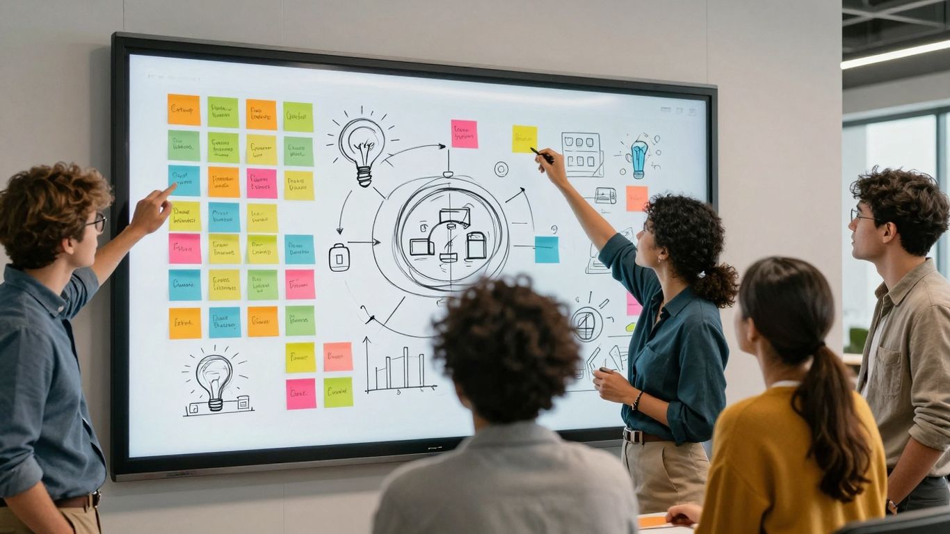 Team collaborating on a digital whiteboard with colorful notes.