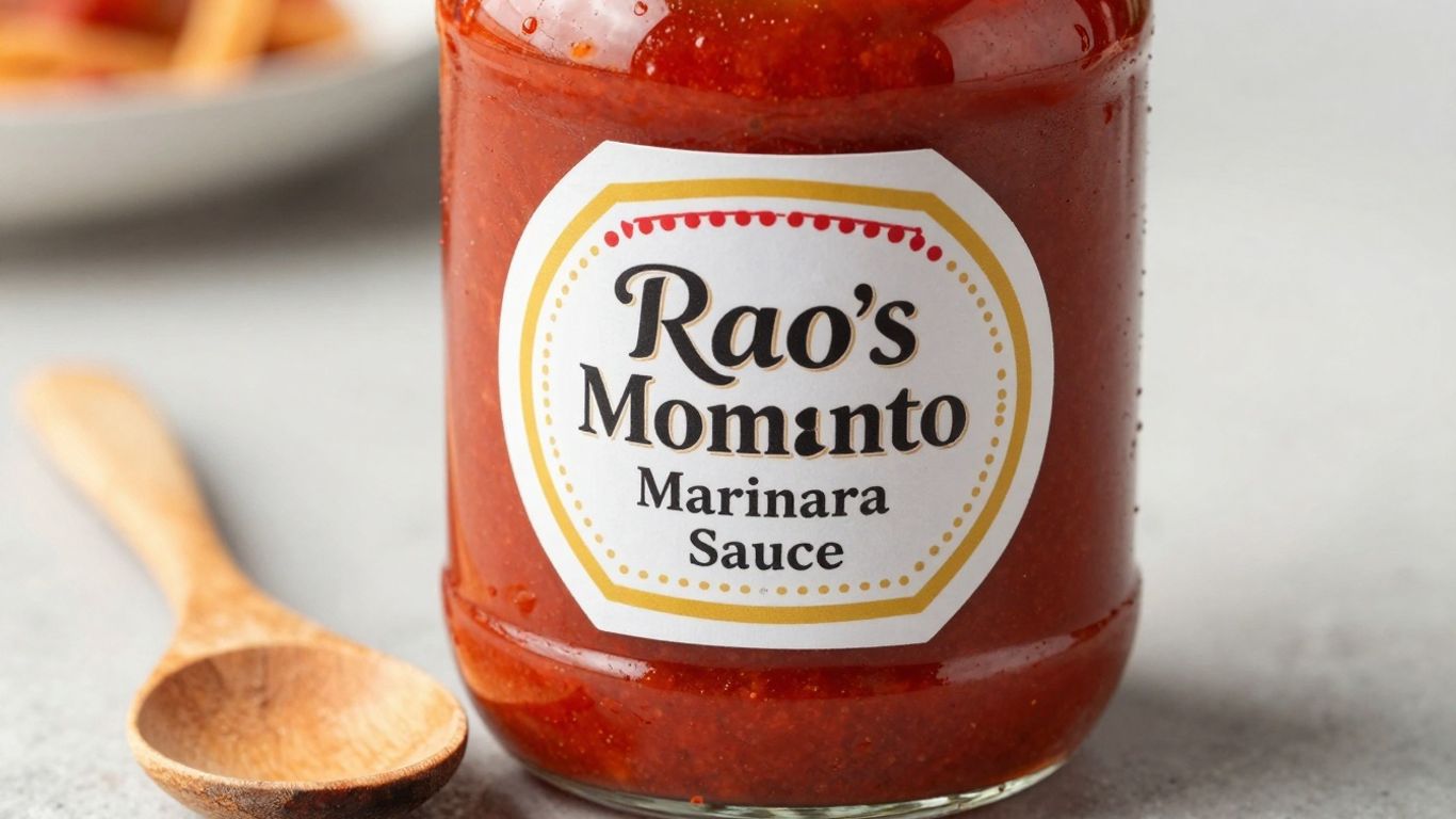 Jar of Rao's Homemade Marinara Sauce with a wooden spoon.
