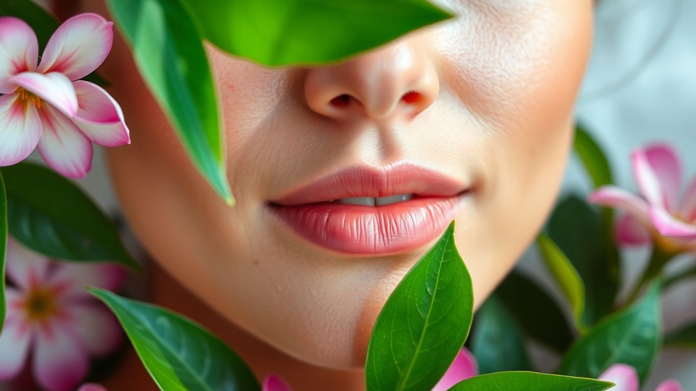 Woman with clear, glowing skin surrounded by nature.