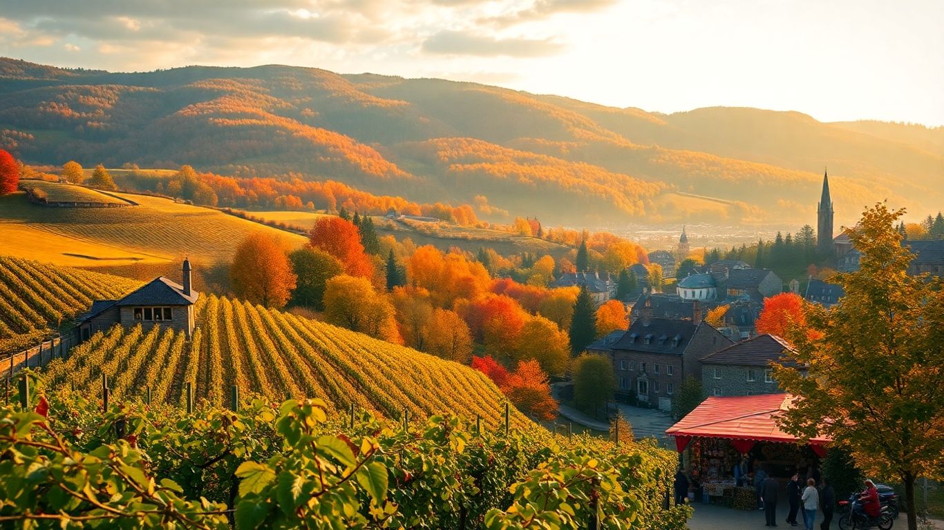 Peisaj de toamnă european cu vii, copaci colorați și festivaluri.