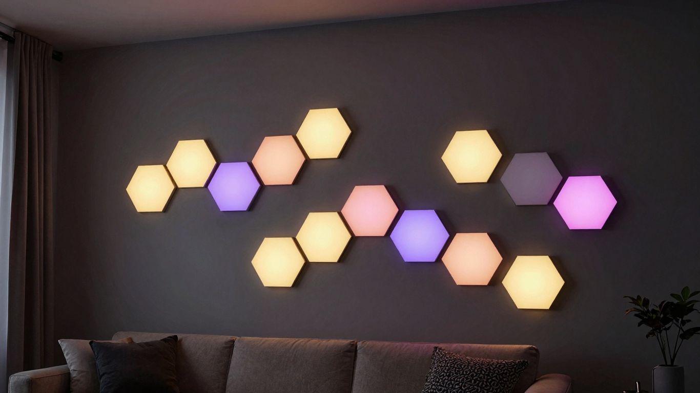 Hexagon LED wall lights illuminating a modern room.