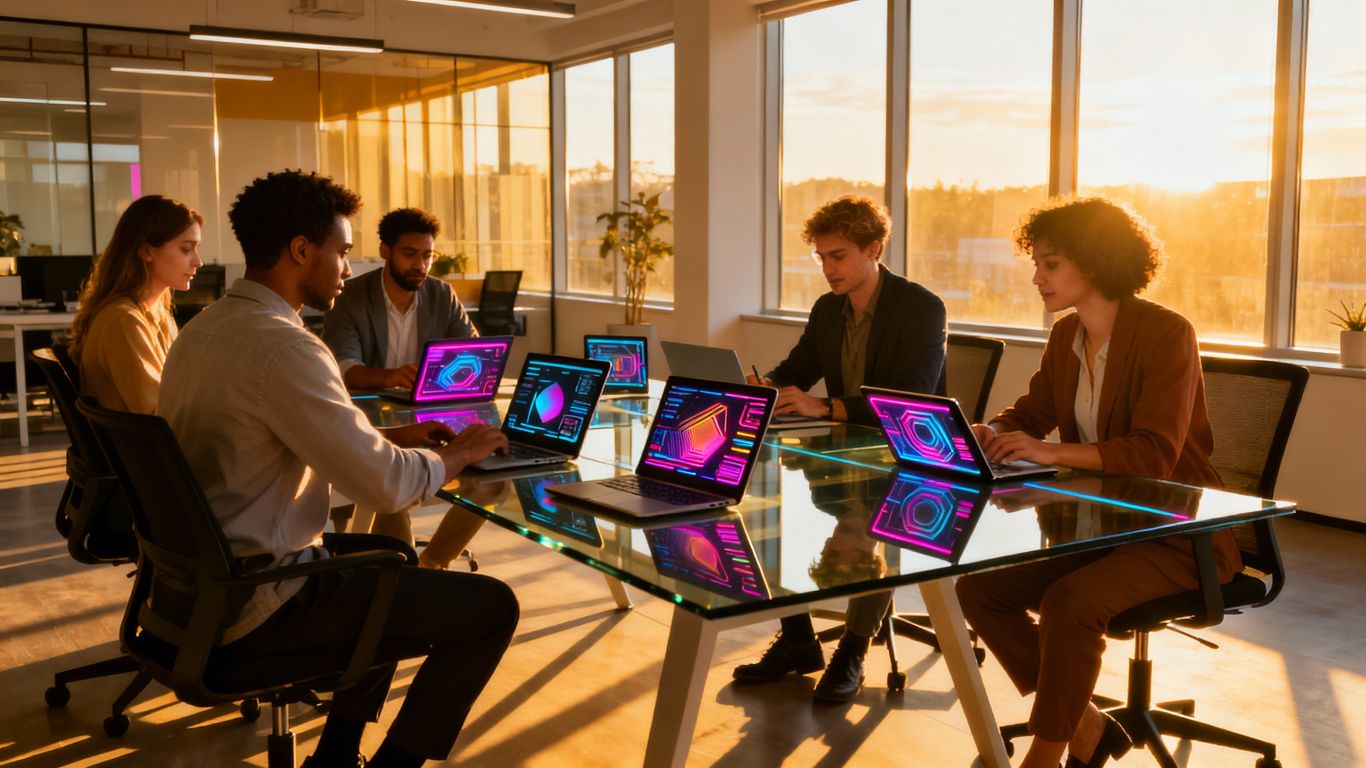 Business professionals working with technology in a modern office.