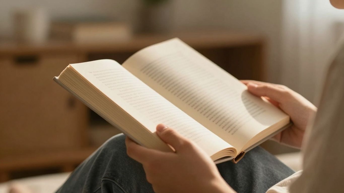 Persoană citind o carte, lumină caldă.