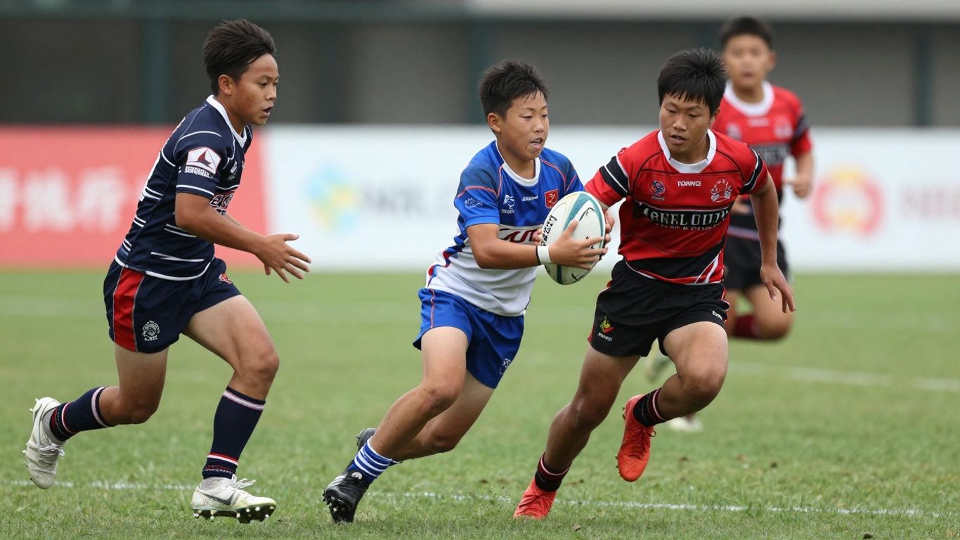 Young rugby league players competing on a field.