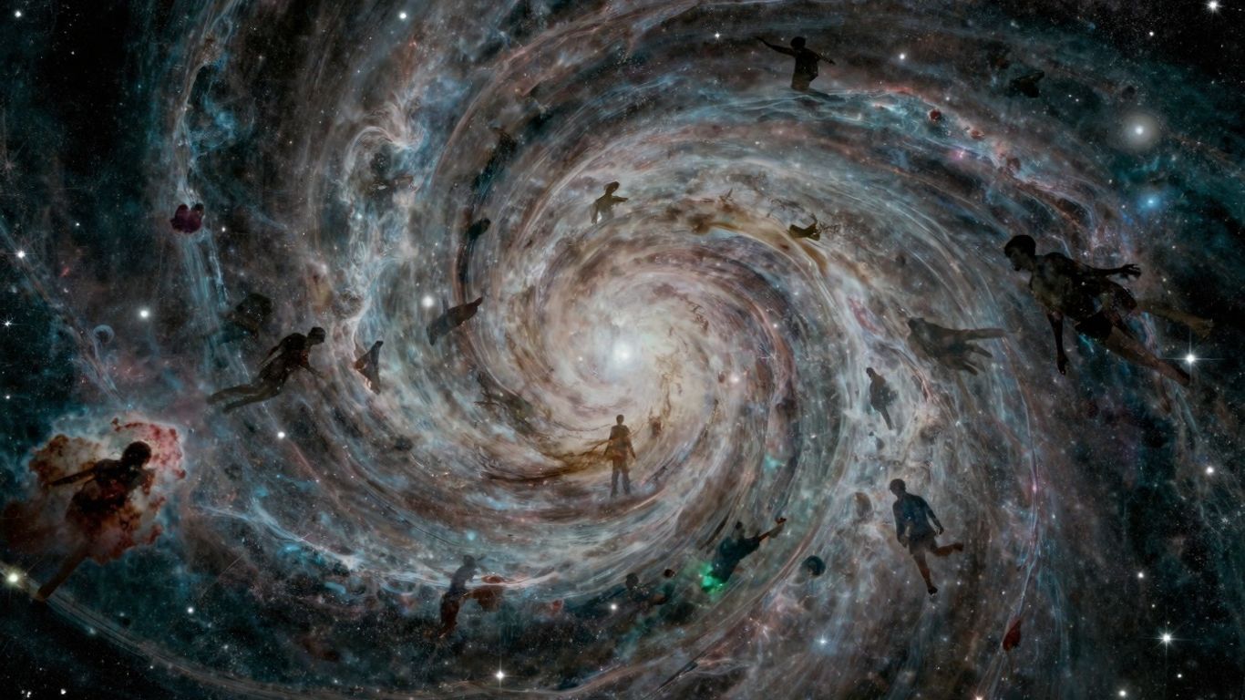 Wirujący wir energii kosmicznej z sylwetkami ludzi.