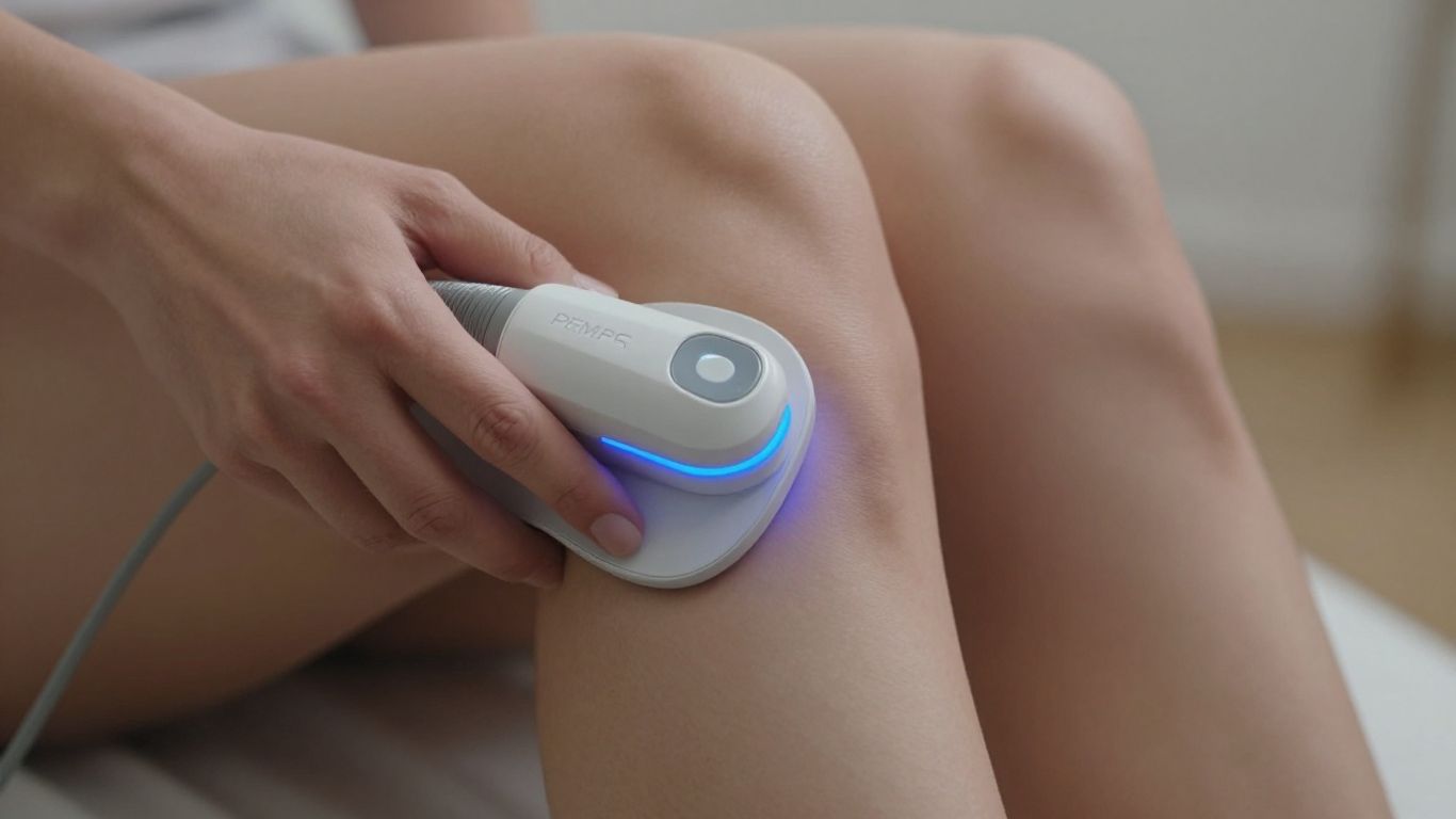 Pulsed electromagnetic therapy device on a knee.