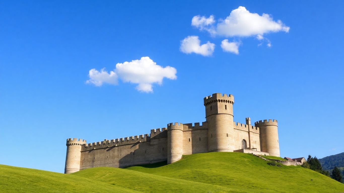 Majestätische Burg mit grünen Hügeln und blauem Himmel.