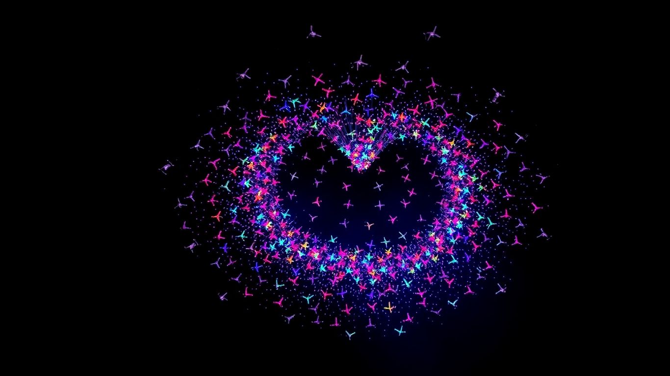 Drone show illuminating the night sky with colorful patterns.