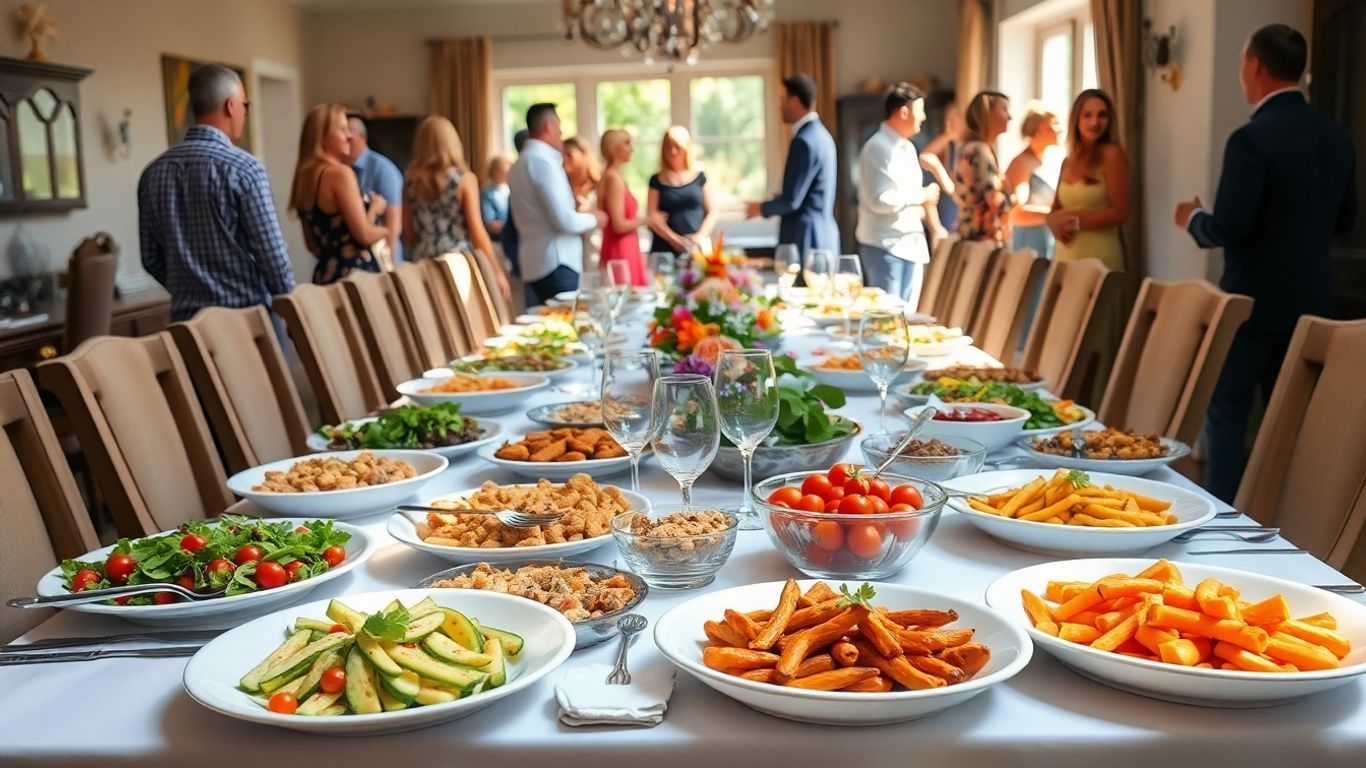 Home party catering spread with food and happy guests.
