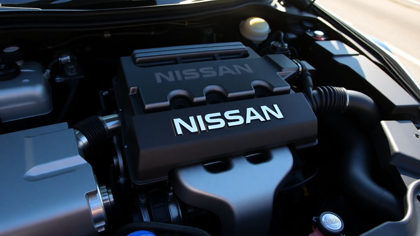 Nissan engine bay with smooth road in background.